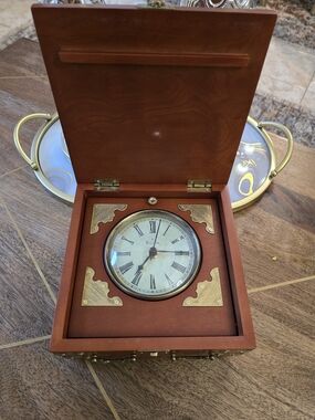 Bulova Wooden Box Wall Clock in Brown with Brass Accents